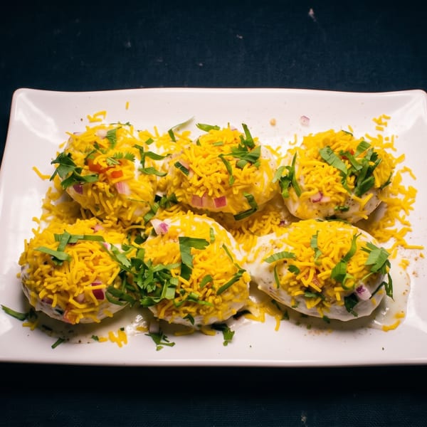 Six chaat-filled puris topped with yogurt, sev, chopped onions, and fresh cilantro on a white rectangular plate.