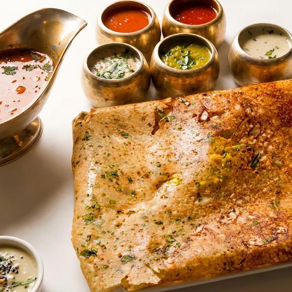 Crispy dosa with a gravy boat of sambar and various chutneys in brass and white bowls.