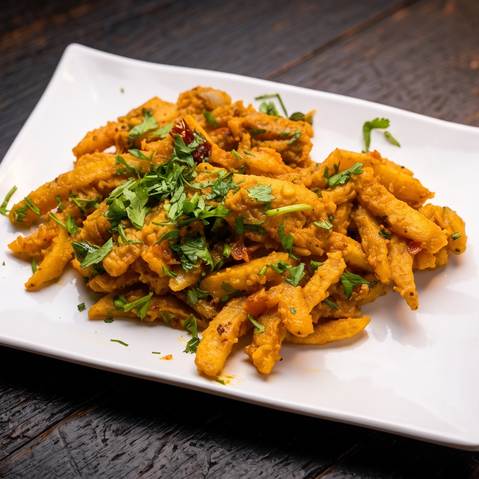 Golden-brown vegetable fritters piled on a white square plate and garnished with fresh cilantro.
