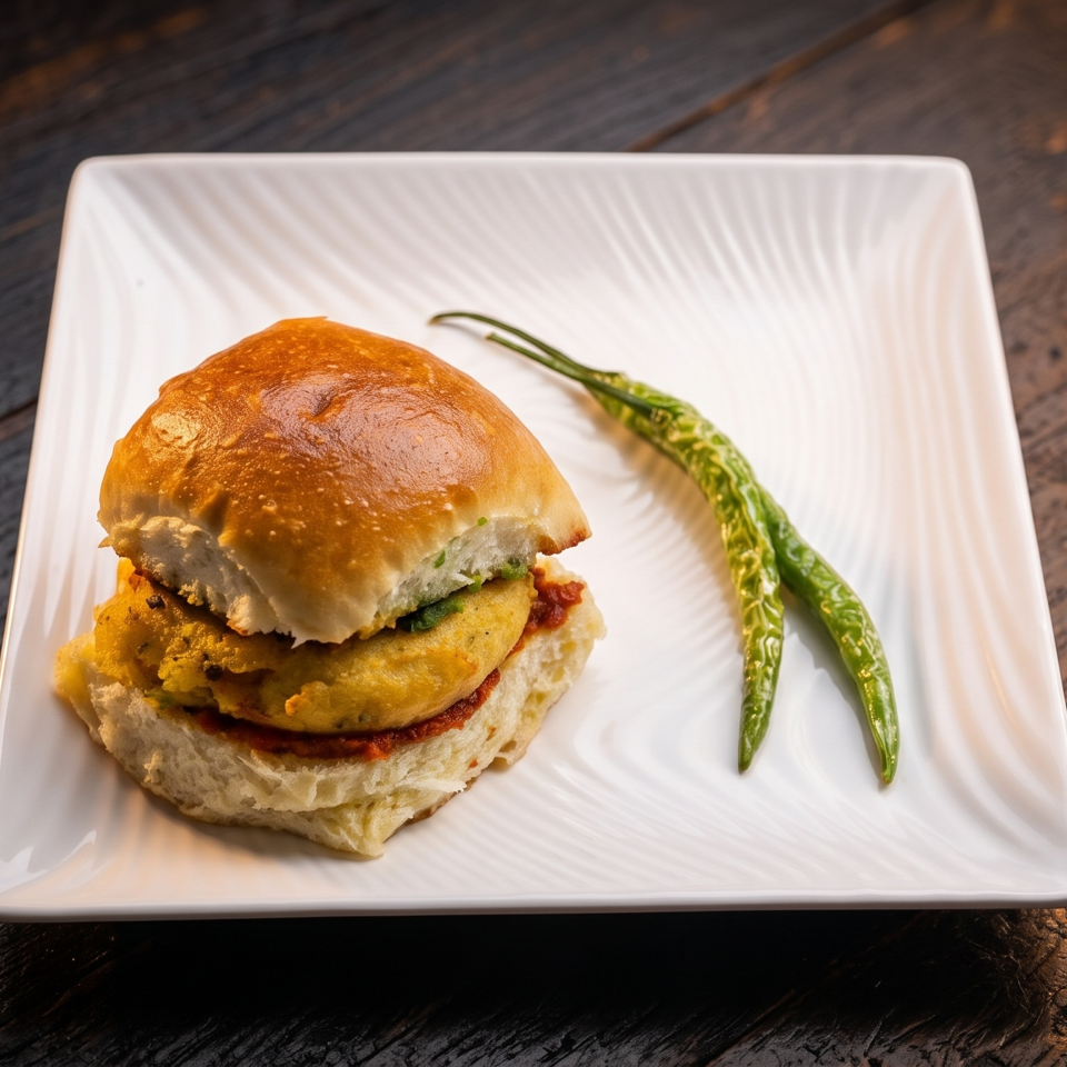 A golden-brown stuffed sandwich with a crispy filling sits on a white plate beside two green chilies.