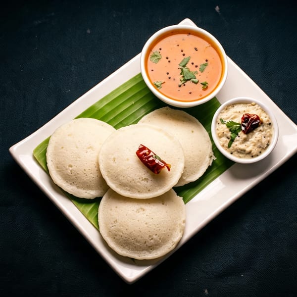 Steamed idlis served on a banana leaf with tomato chutney and coconut chutney on a white platter.