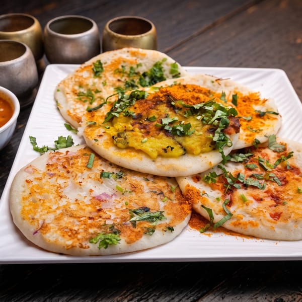 Plate of Indian stuffed flatbreads garnished with cilantro, served with spicy curry and metal cups on a wooden table.