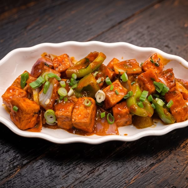 Spicy sauced paneer cubes with bell peppers, onions, and scallions served on a white platter over a rustic wooden table.